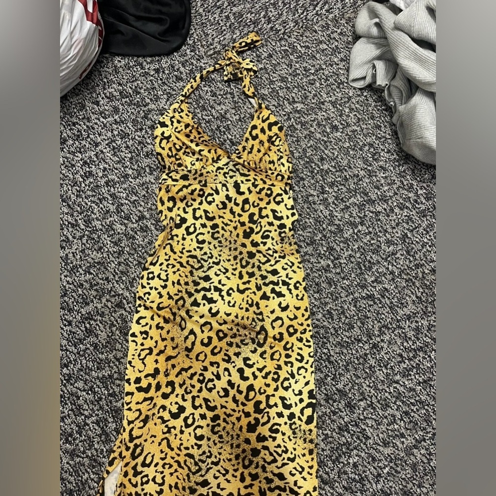 Backless Leopard Halter Dress S/M — Y2K Rave Slit Maxi 🔥 Jungle Glam Festival